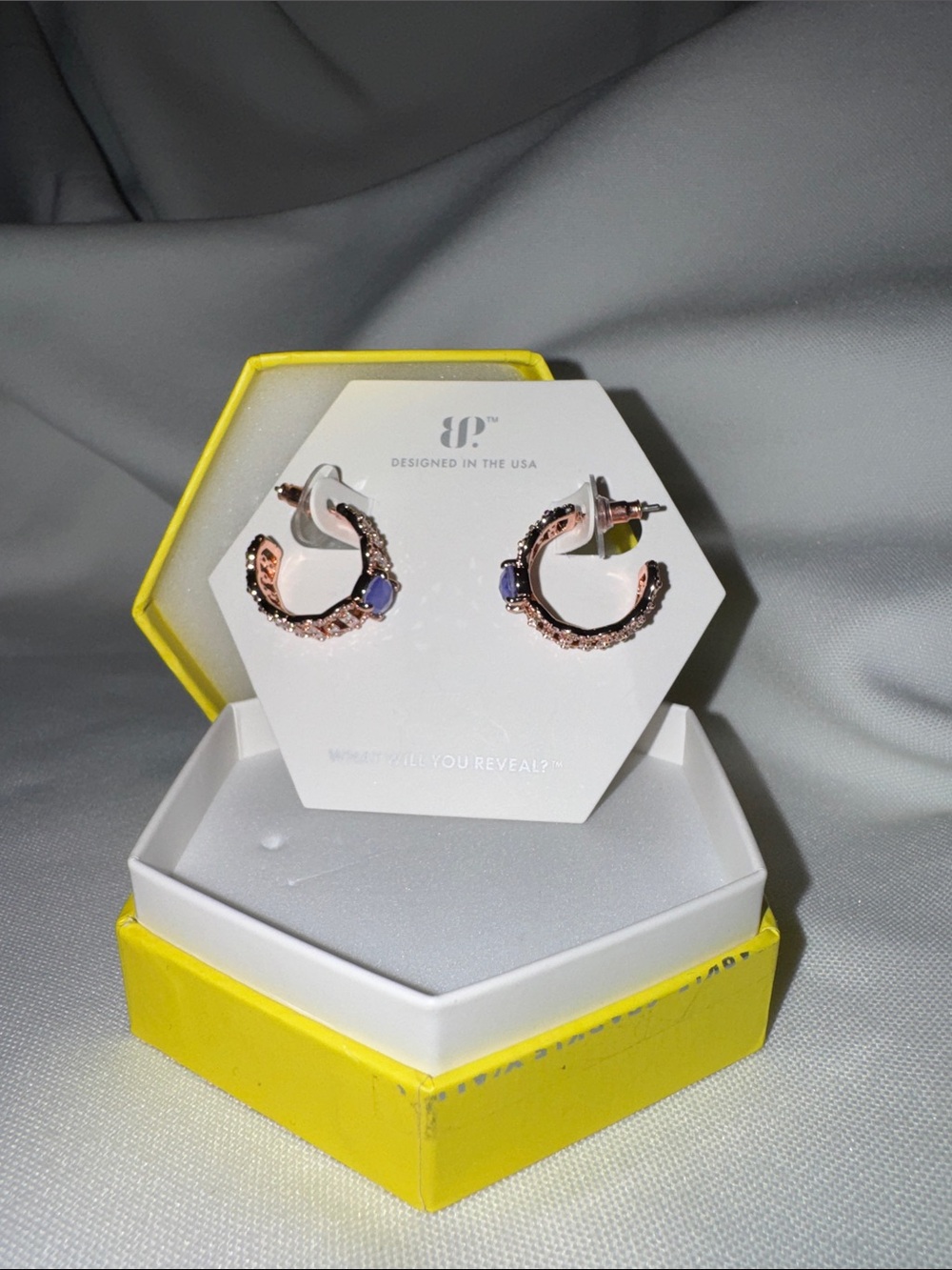 bp Rose Gold Hoop Earrings with Purple Stones